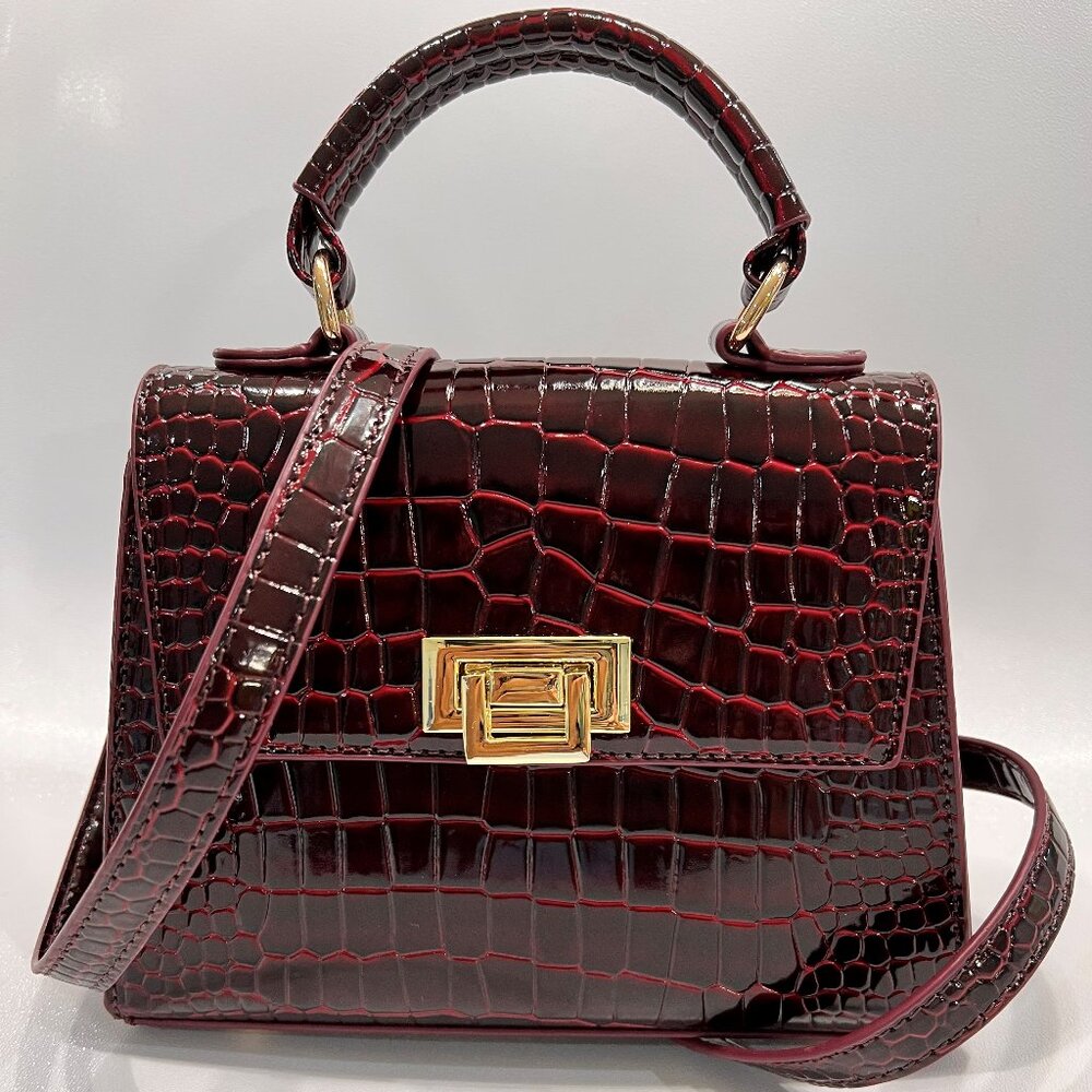 Burgundy Croc-Embossed Top Handle Bag